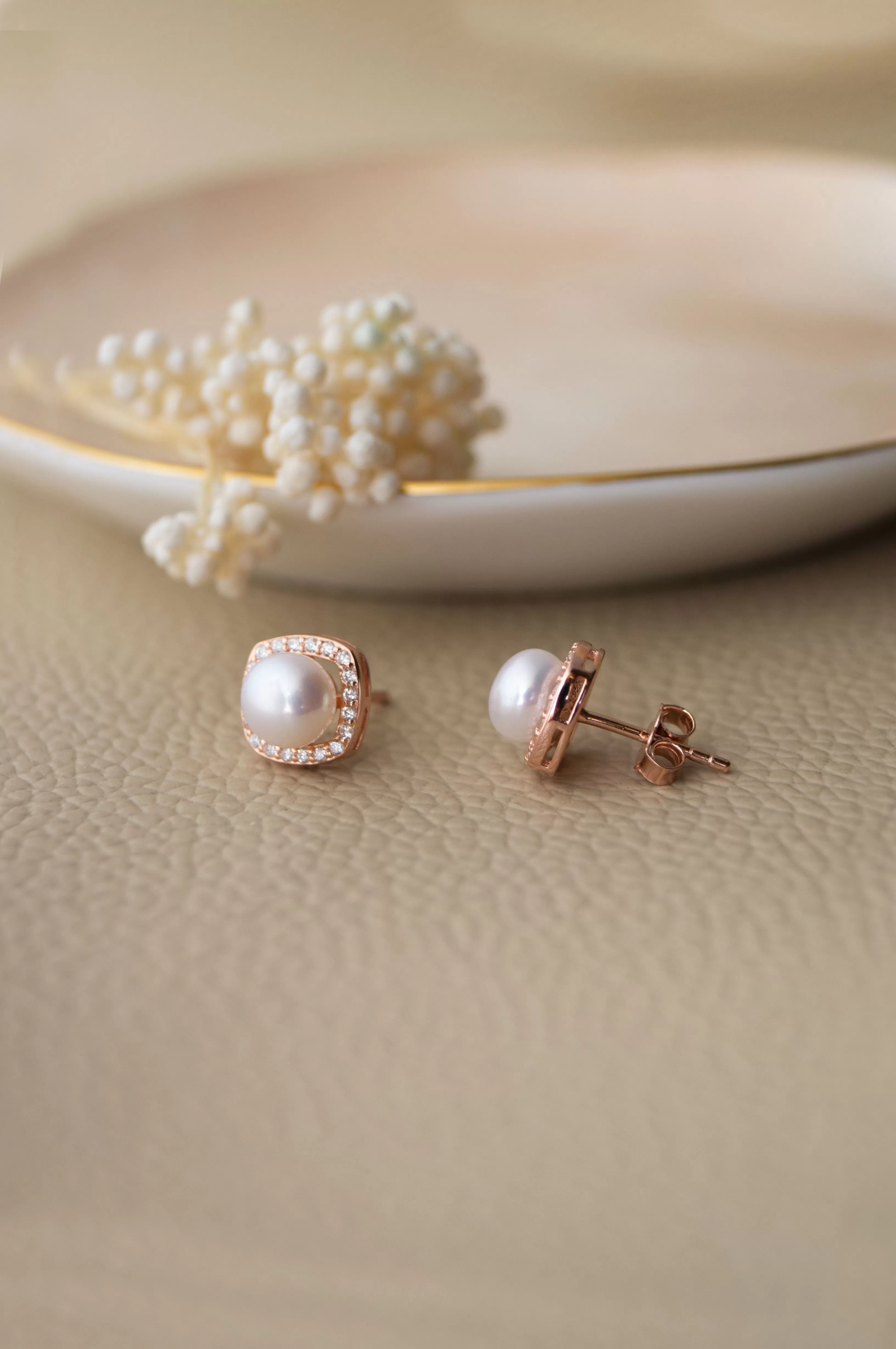 Square Halo Pearl Rose Gold Plated Sterling Silver Stud Earrings