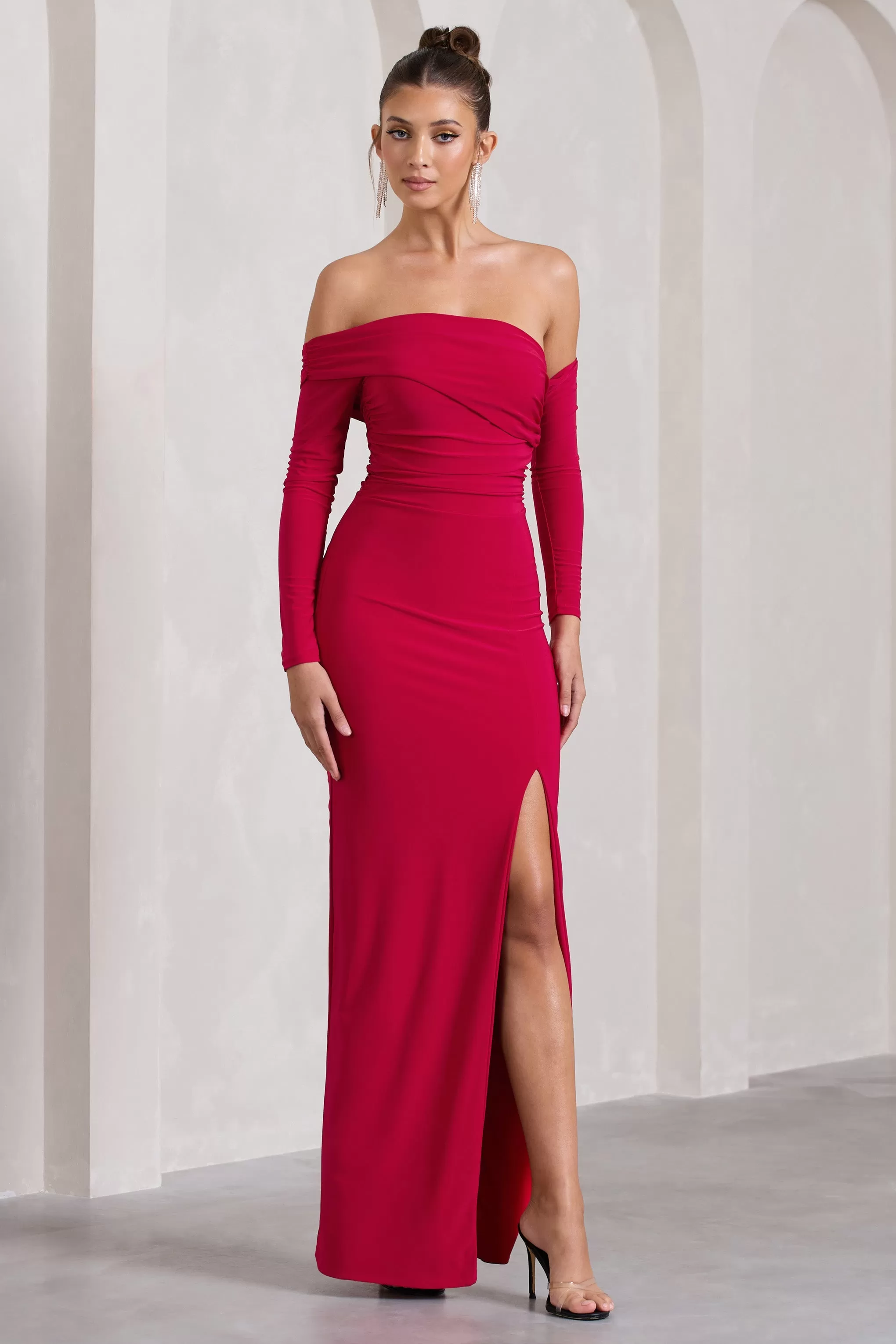 Stand Out | Red Bardot Ruched Maxi With Sleeves And Side Split