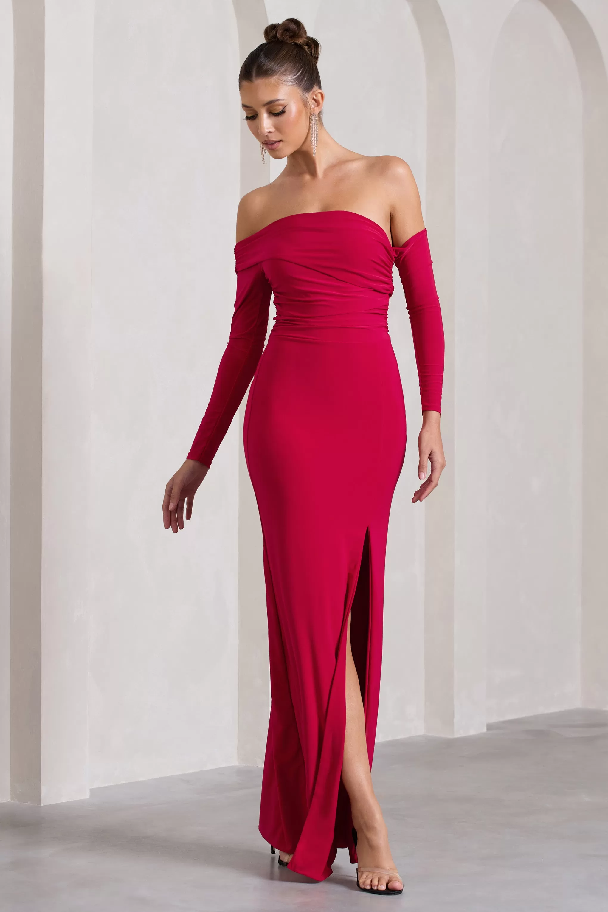 Stand Out | Red Bardot Ruched Maxi With Sleeves And Side Split