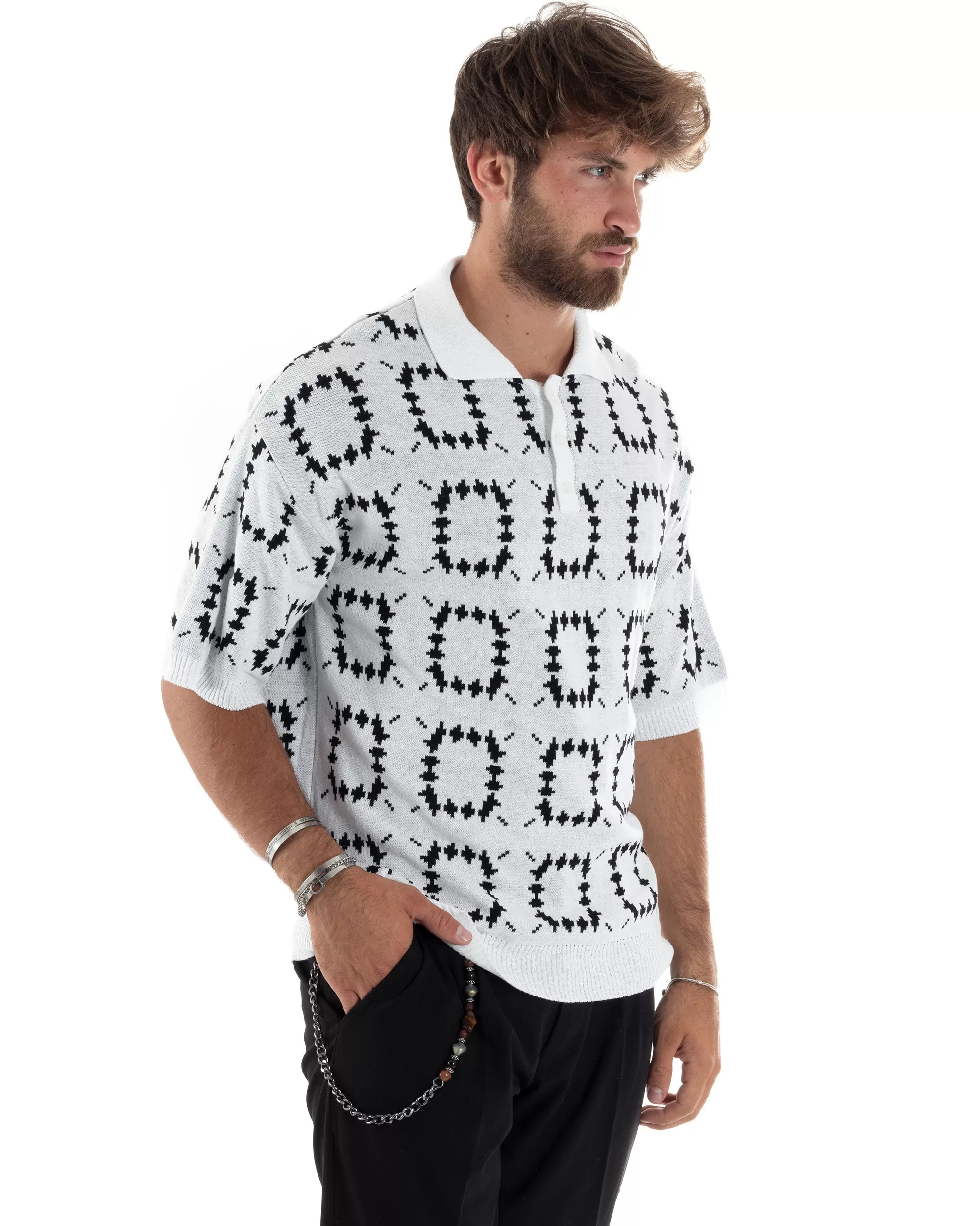 T-Shirt Uomo Maglia In Filo Regular Fit Colletto Polo Con Bottoncini Casual Jacquard Basic Bianco GIOSAL-TS3063A