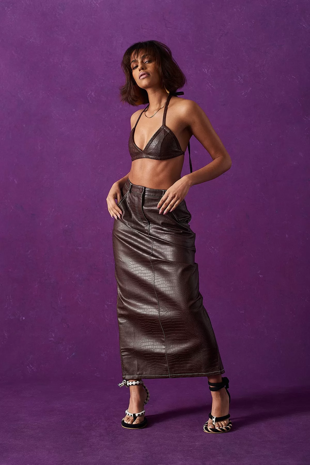 Tanav Vegan Leather Maxi Skirt - Coffee