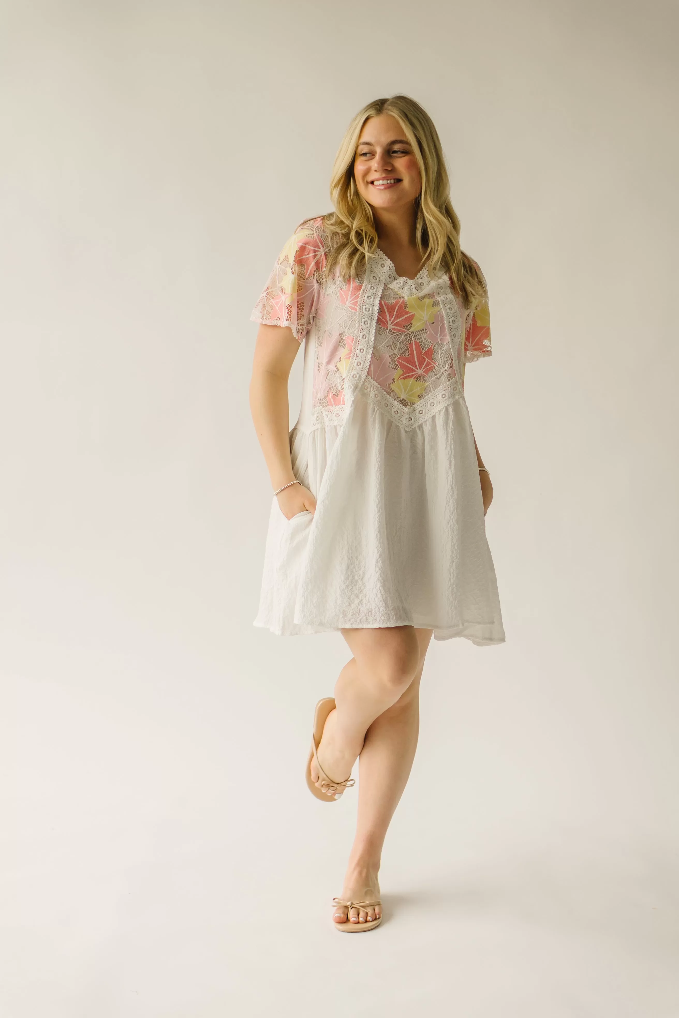 The Merrium Lace Detail Dress in White   Pink Multi