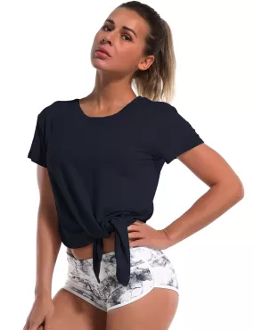 Tie Up Crop Top Short Sleeve T-Shirt darknavy_yogastudio