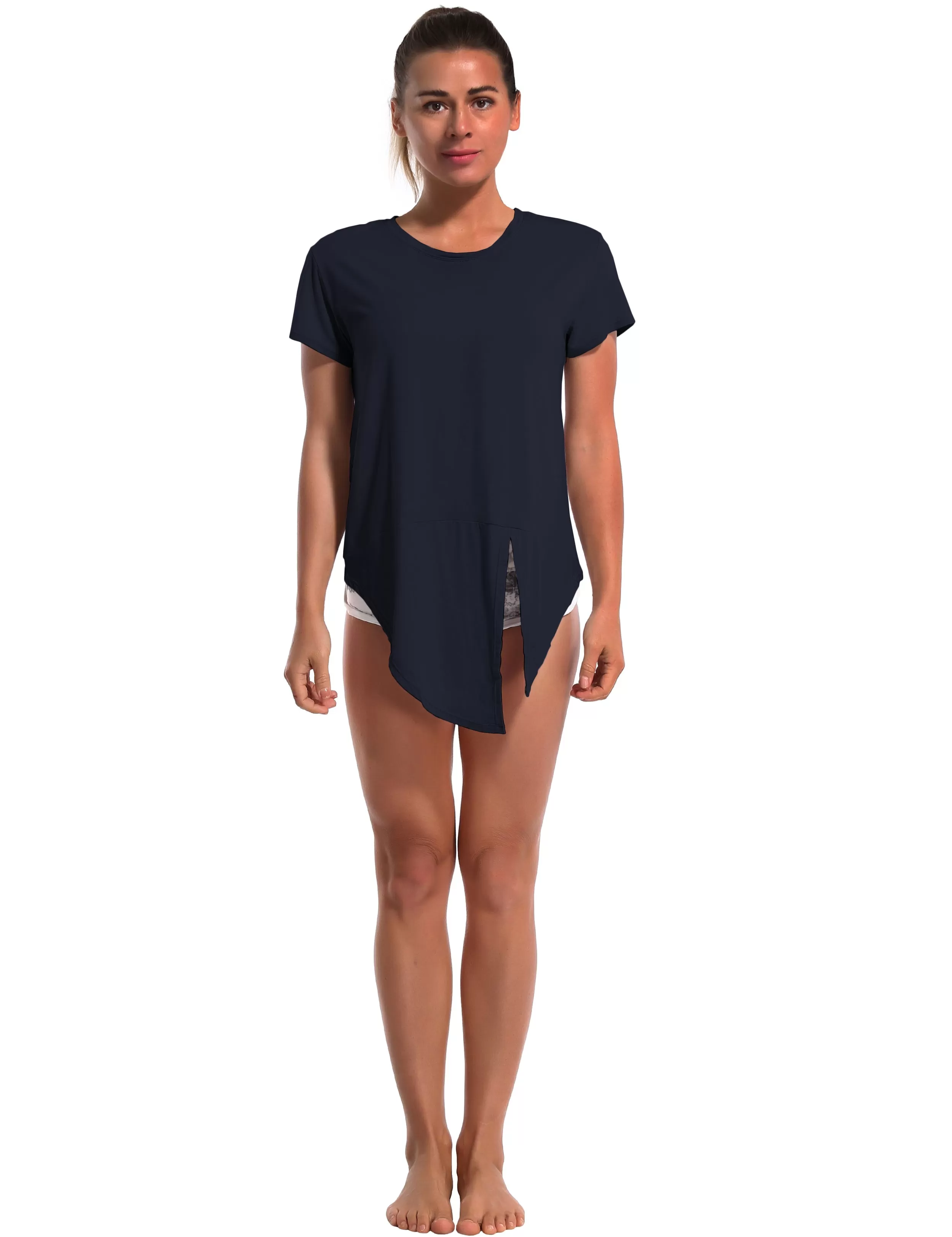 Tie Up Crop Top Short Sleeve T-Shirt darknavy_yogastudio