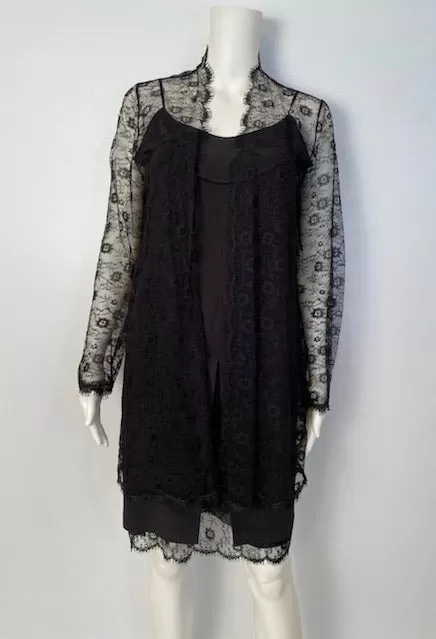 Vintage 01P, 2001 Spring Chanel 2 piece set Black Spaghetti Strap Dress with Lace overlay jacket US 2/4