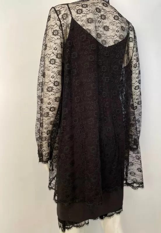 Vintage 01P, 2001 Spring Chanel 2 piece set Black Spaghetti Strap Dress with Lace overlay jacket US 2/4