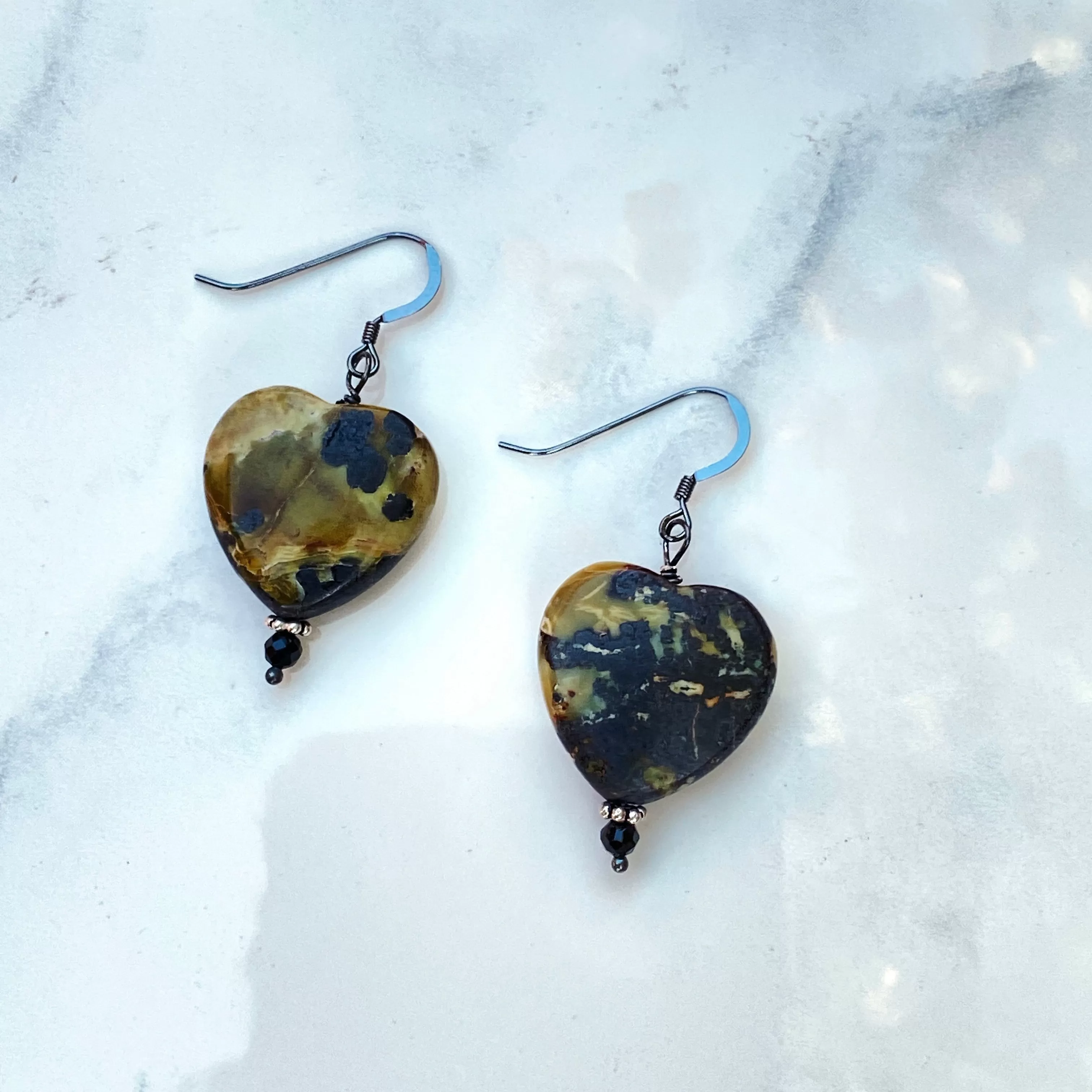 Yellow Turquoise Gemstone Hearts and Oxidized Sterling Silver Drop Earrings