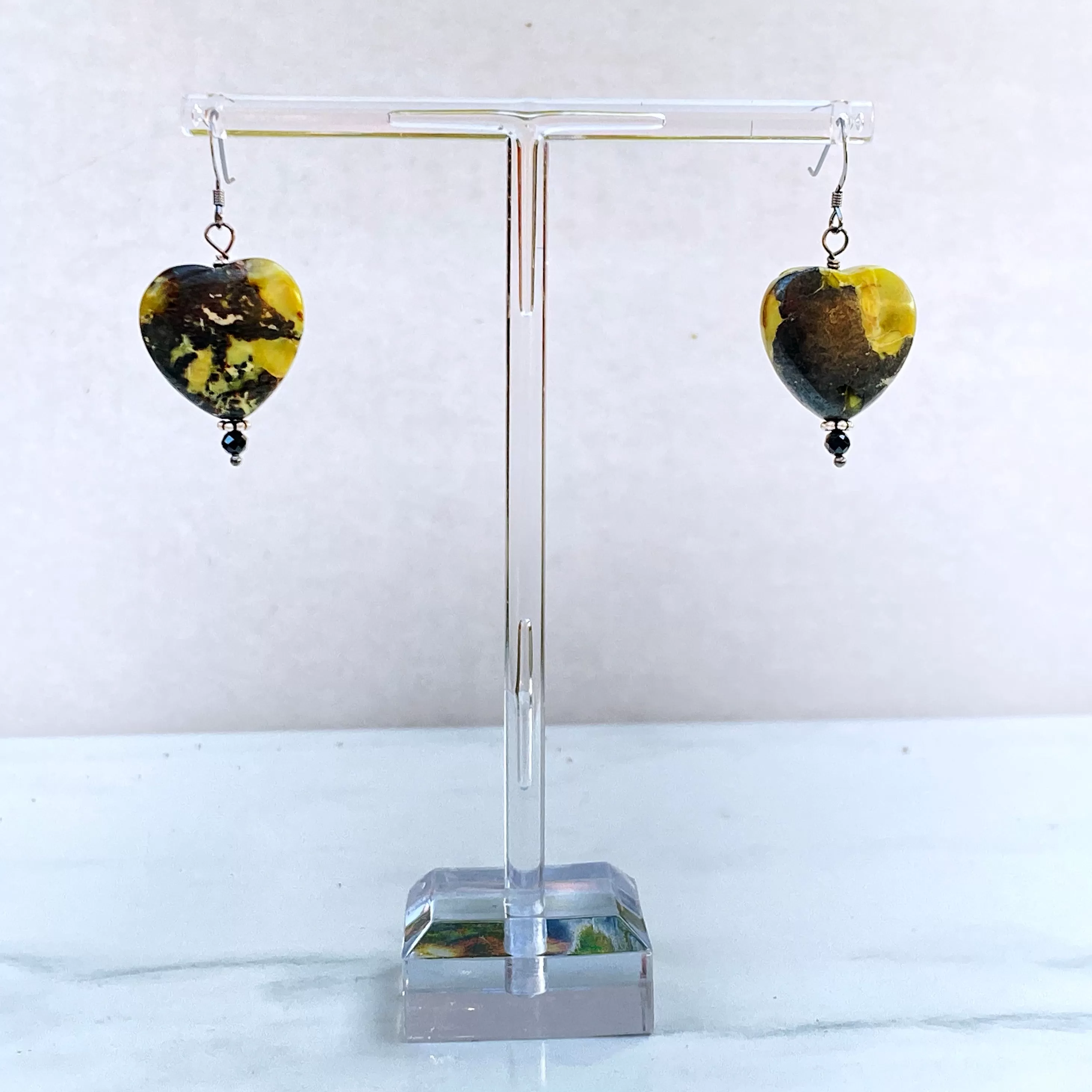 Yellow Turquoise Gemstone Hearts and Oxidized Sterling Silver Drop Earrings